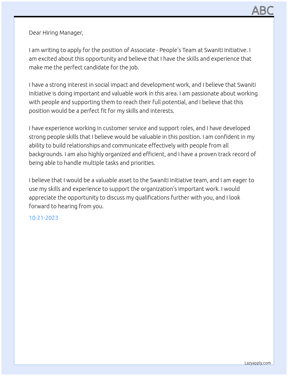 Associate - People's Team At Swaniti Initiative  Cover Letter
