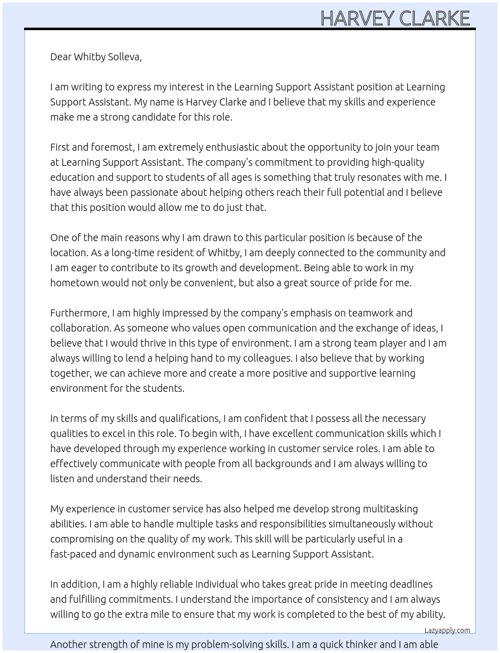 Learning support assistant  At Learning support assistant  Cover Letter