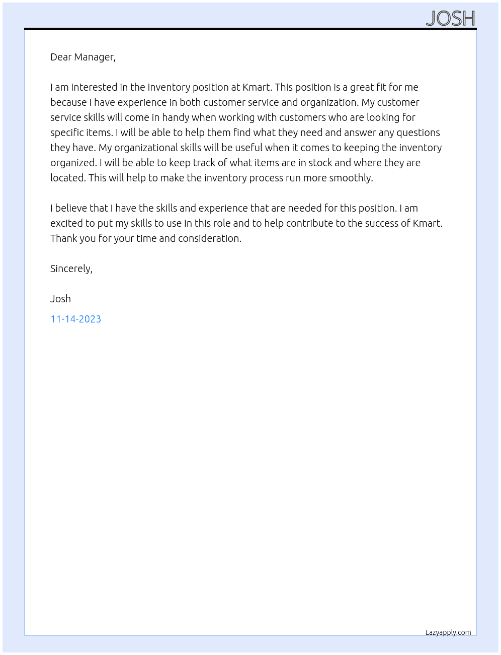 Inventory At kmart Cover Letter