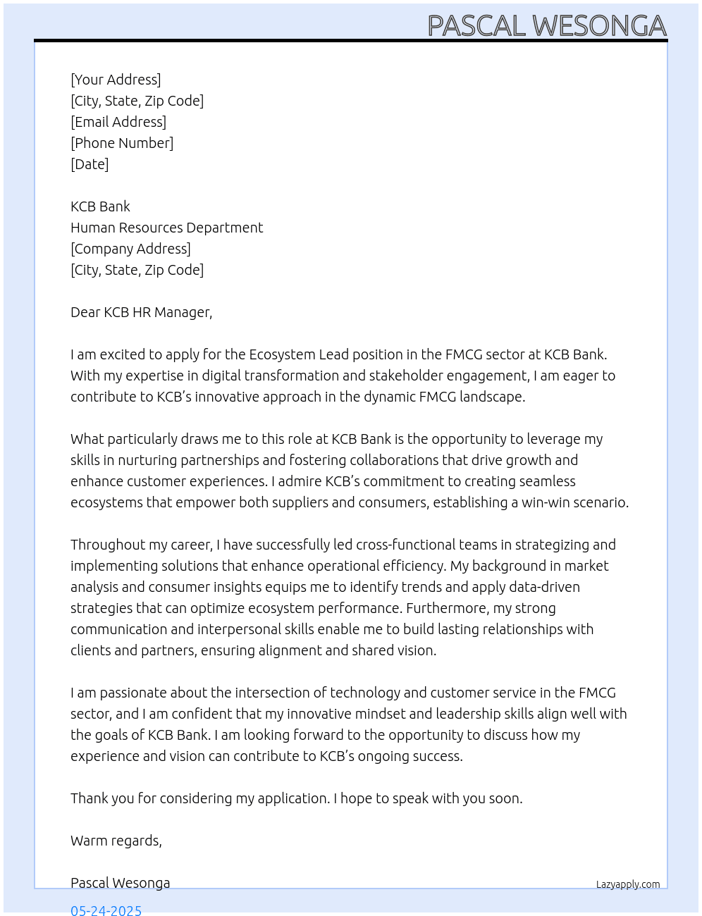 Ecosystem Lead -FMCG Sector At kcb bank Cover Letter