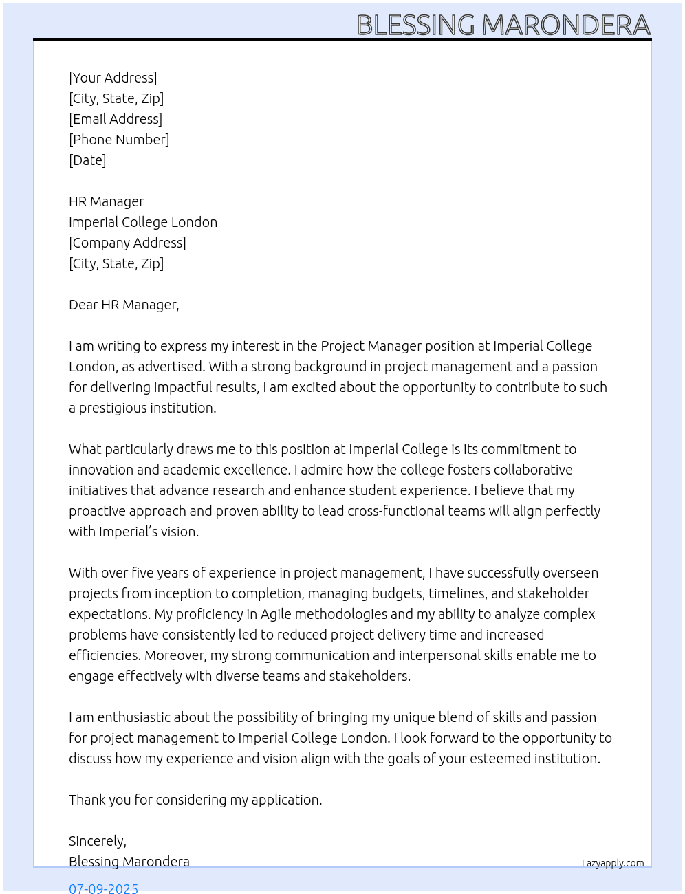 Project Manager At Imperial College London Cover Letter