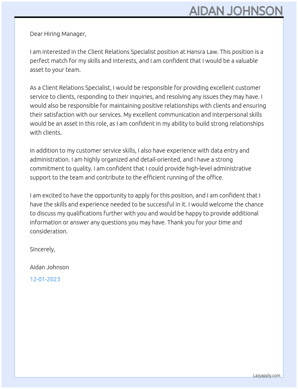 Client Relations Specialist At Hansra Law Cover Letter