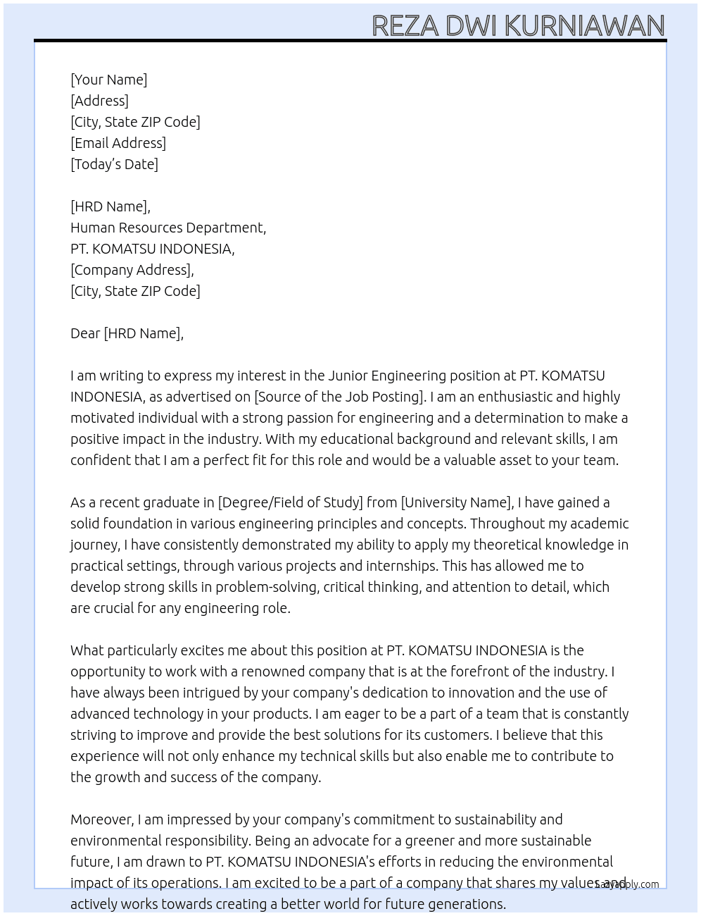 Junior engineering At PT. KOMATSU INDONESIA Cover Letter