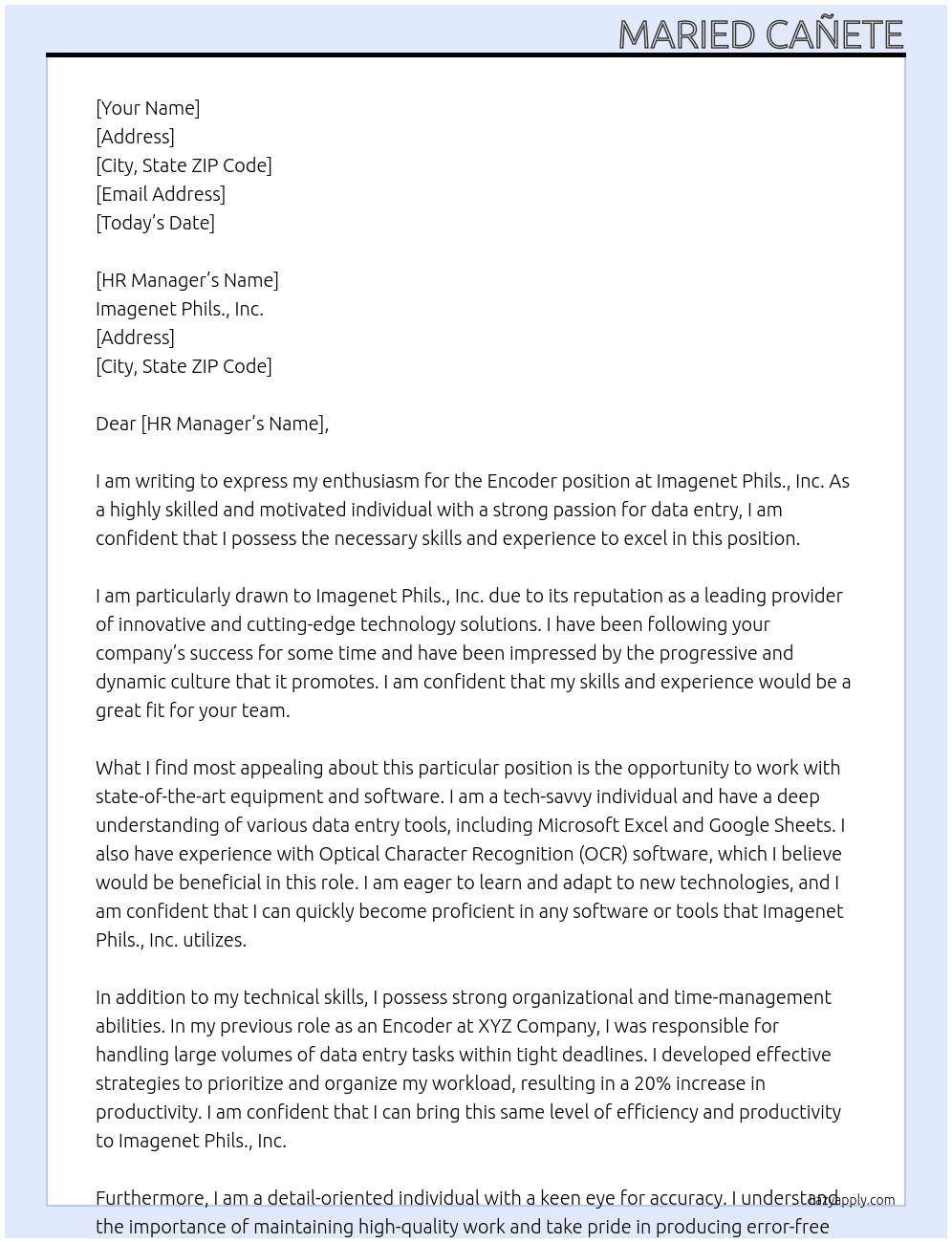 Encoder At Imagenet Phils., Inc. Cover Letter