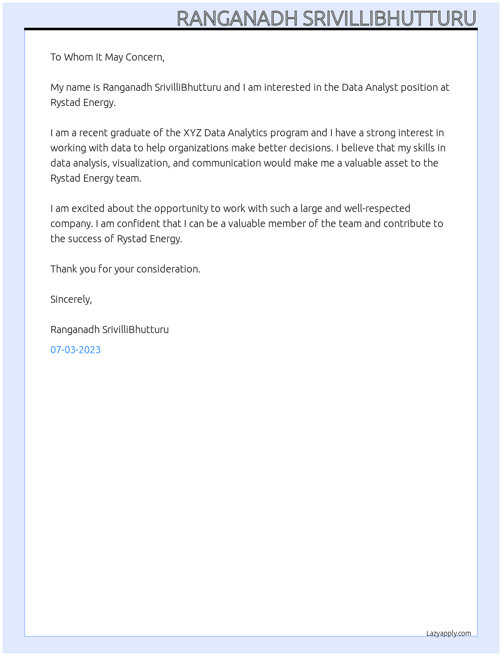Data Analyst At Rystad Energy Cover Letter