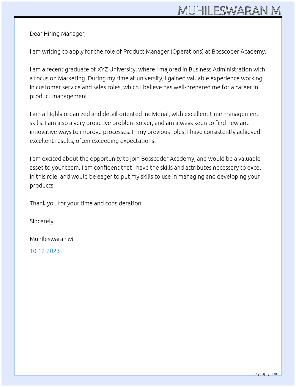 product management(operation) At Bosscoder academy Cover Letter