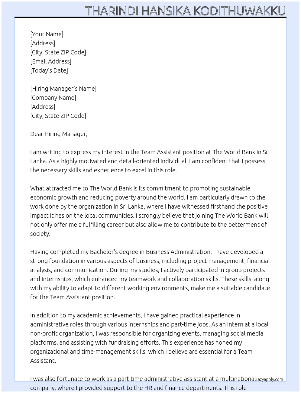 Team Assistant At The World Bank In Sri Lanka Cover Letter