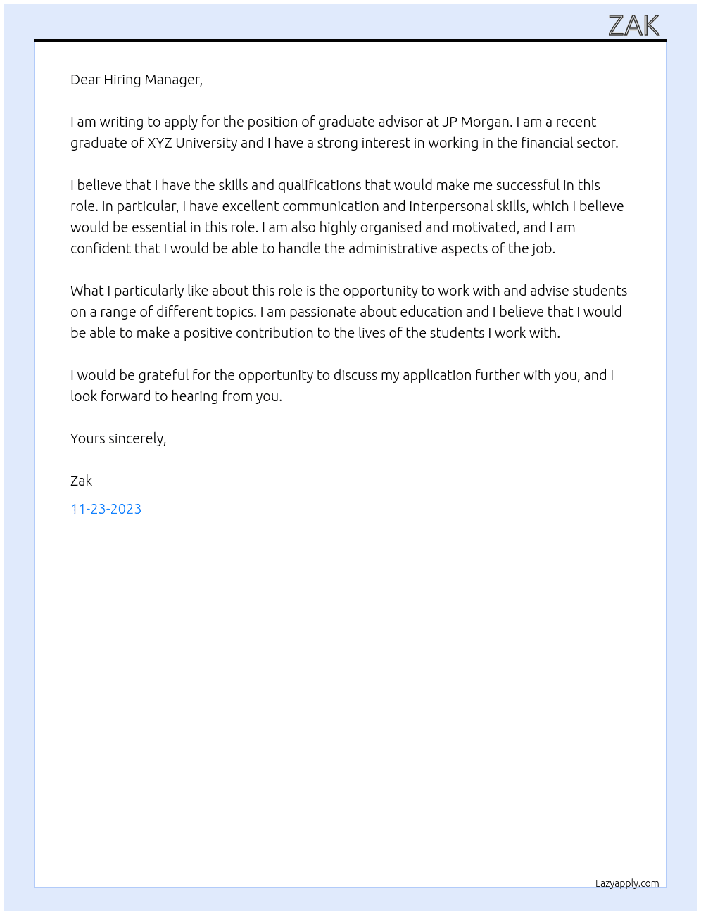 graduate advisor  At JP morgan Cover Letter
