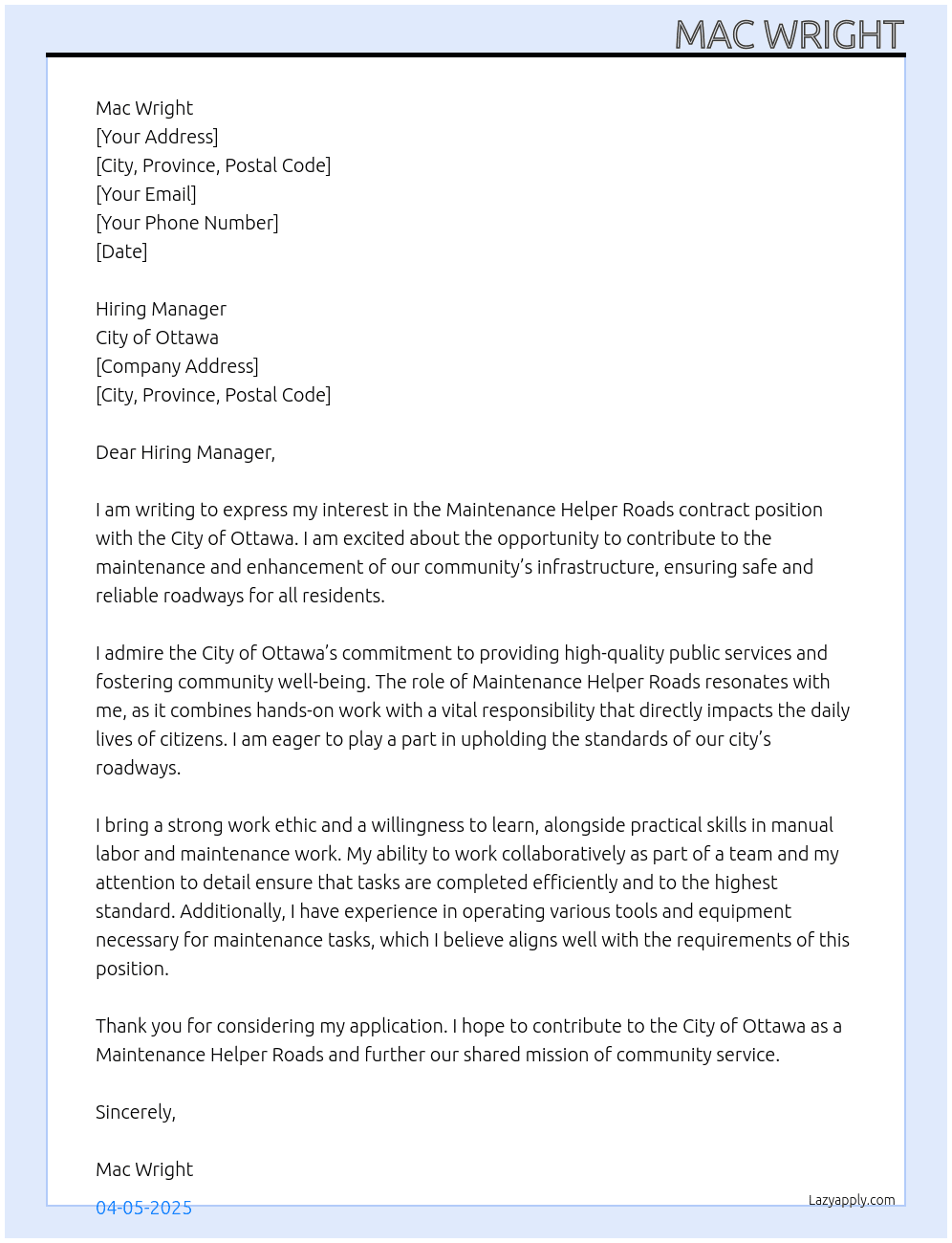 Maintenance Helper Roads At City of Ottawa Cover Letter