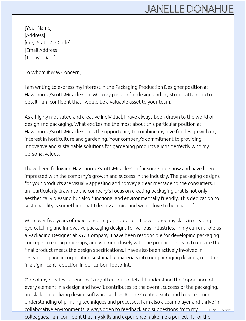 Packaging Production Designer At Hawthorne/ScottsMiracle-Gro Cover Letter