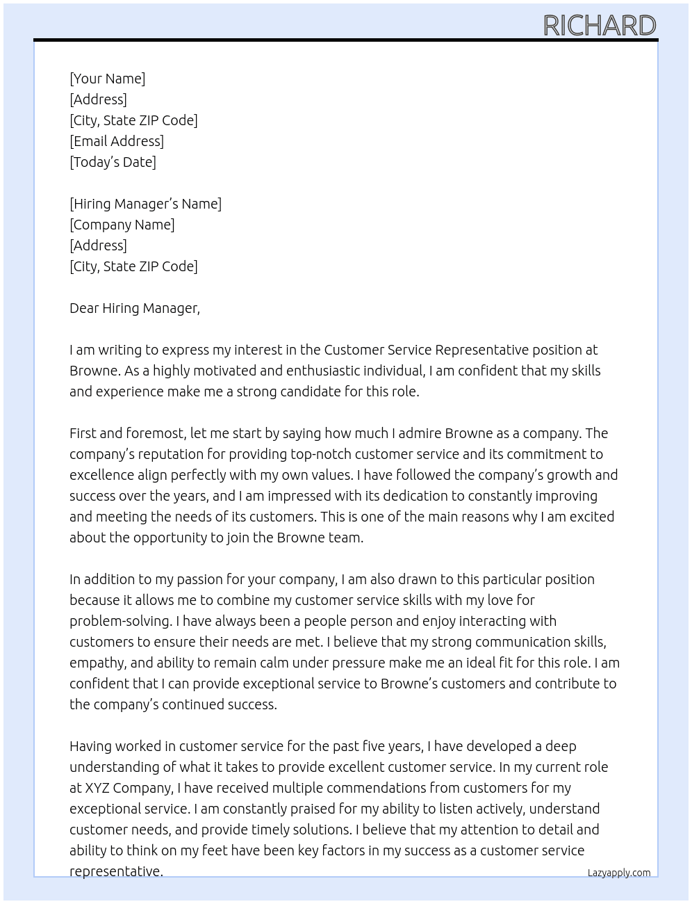 Customer Service Representative At Browne Cover Letter
