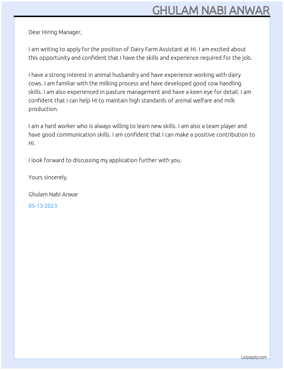 Dairy Farm Assistant  At Hi Cover Letter