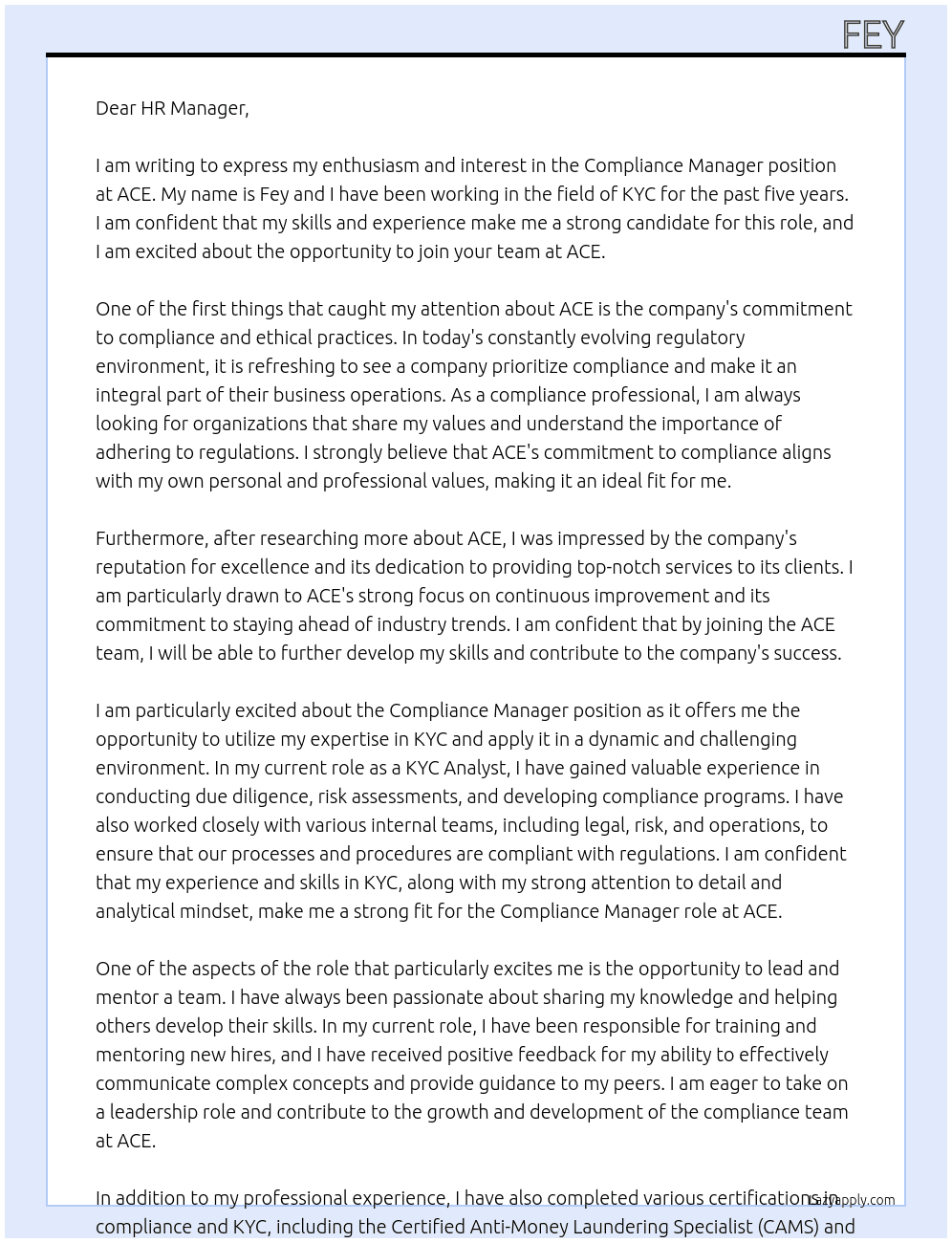 Compliance Manager At ACE Cover Letter