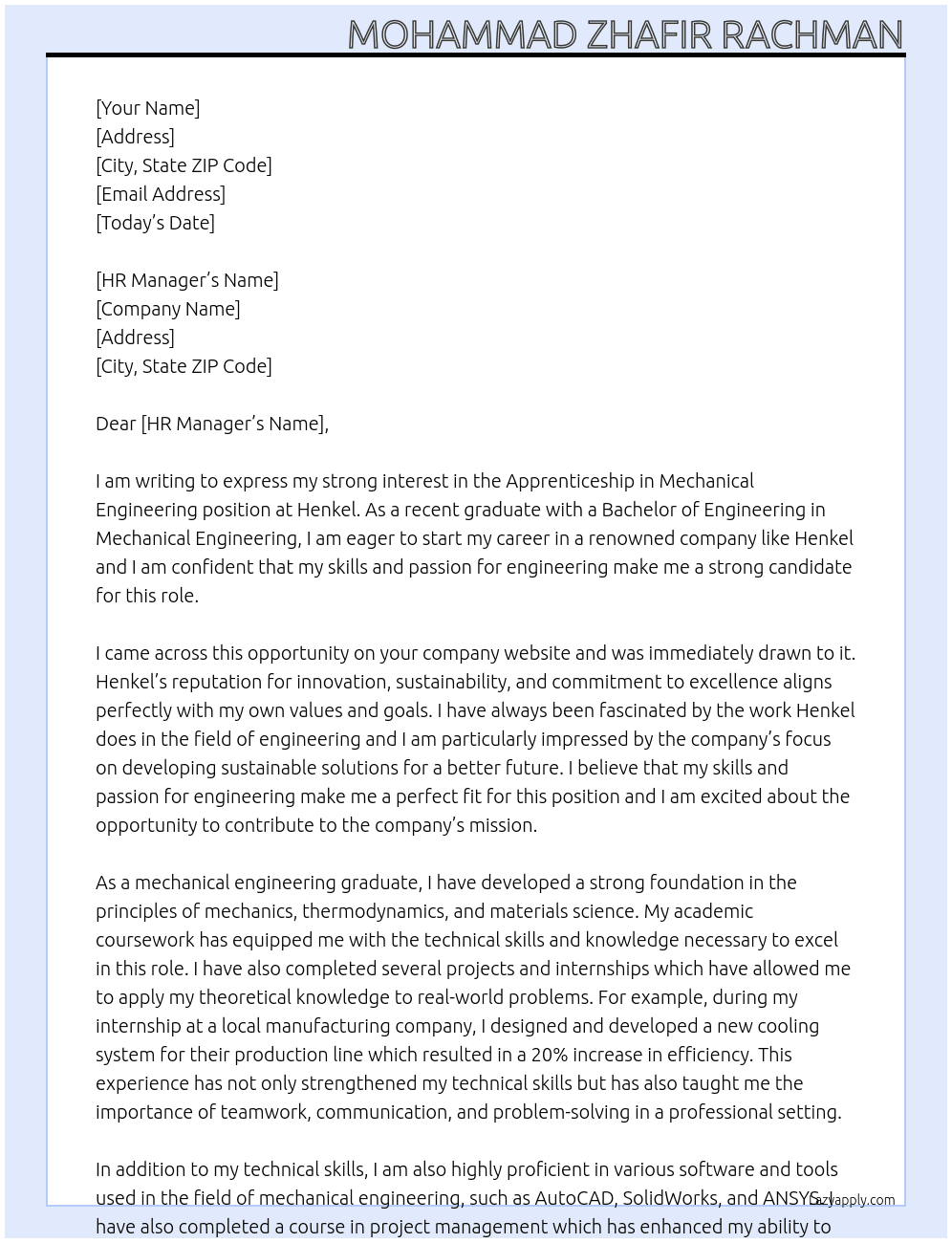 Cover letter for apprenticeship in mechanical engineering - LazyApply