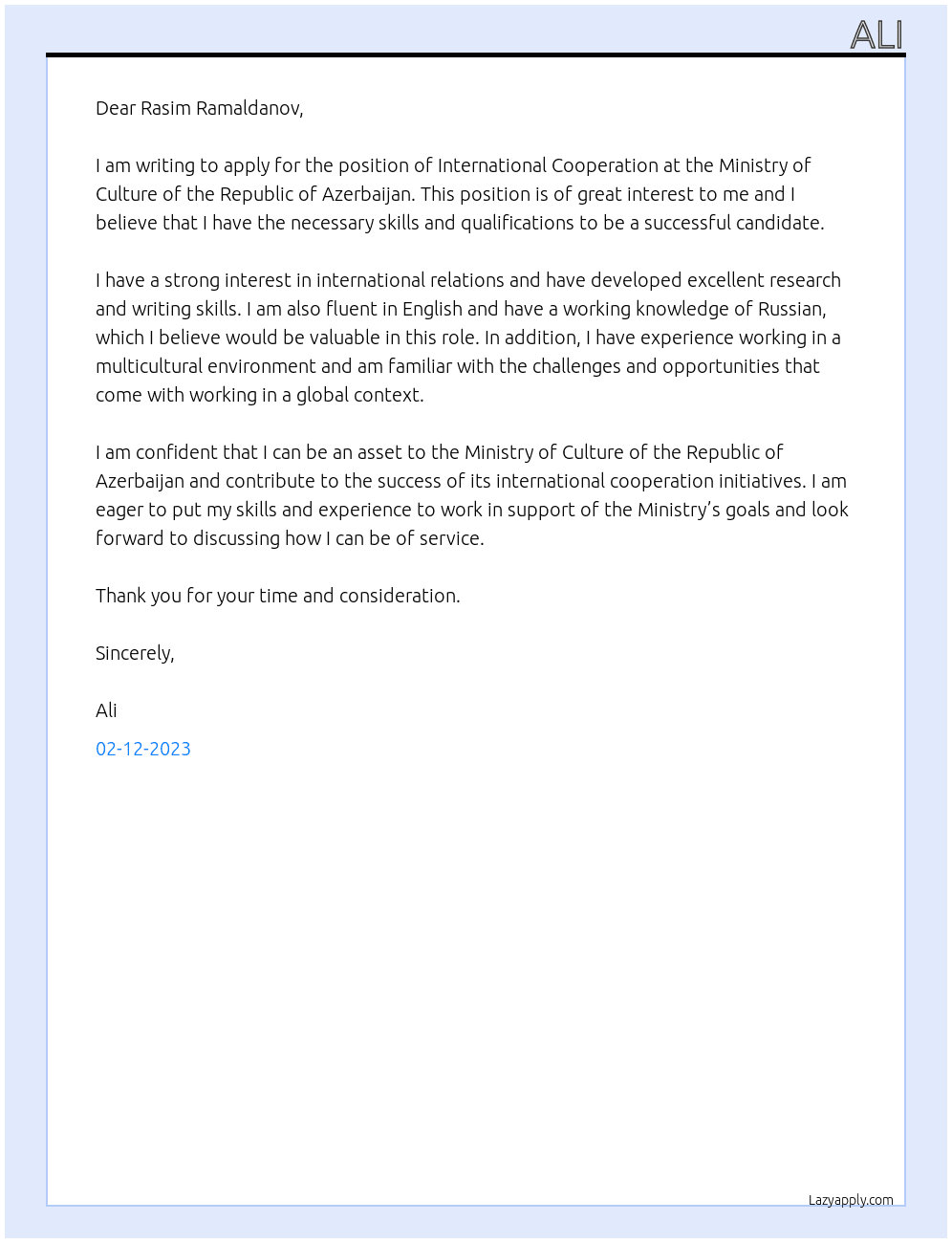 International Cooperation At Ministry of Culture of the Republic of Azerbaijan Cover Letter