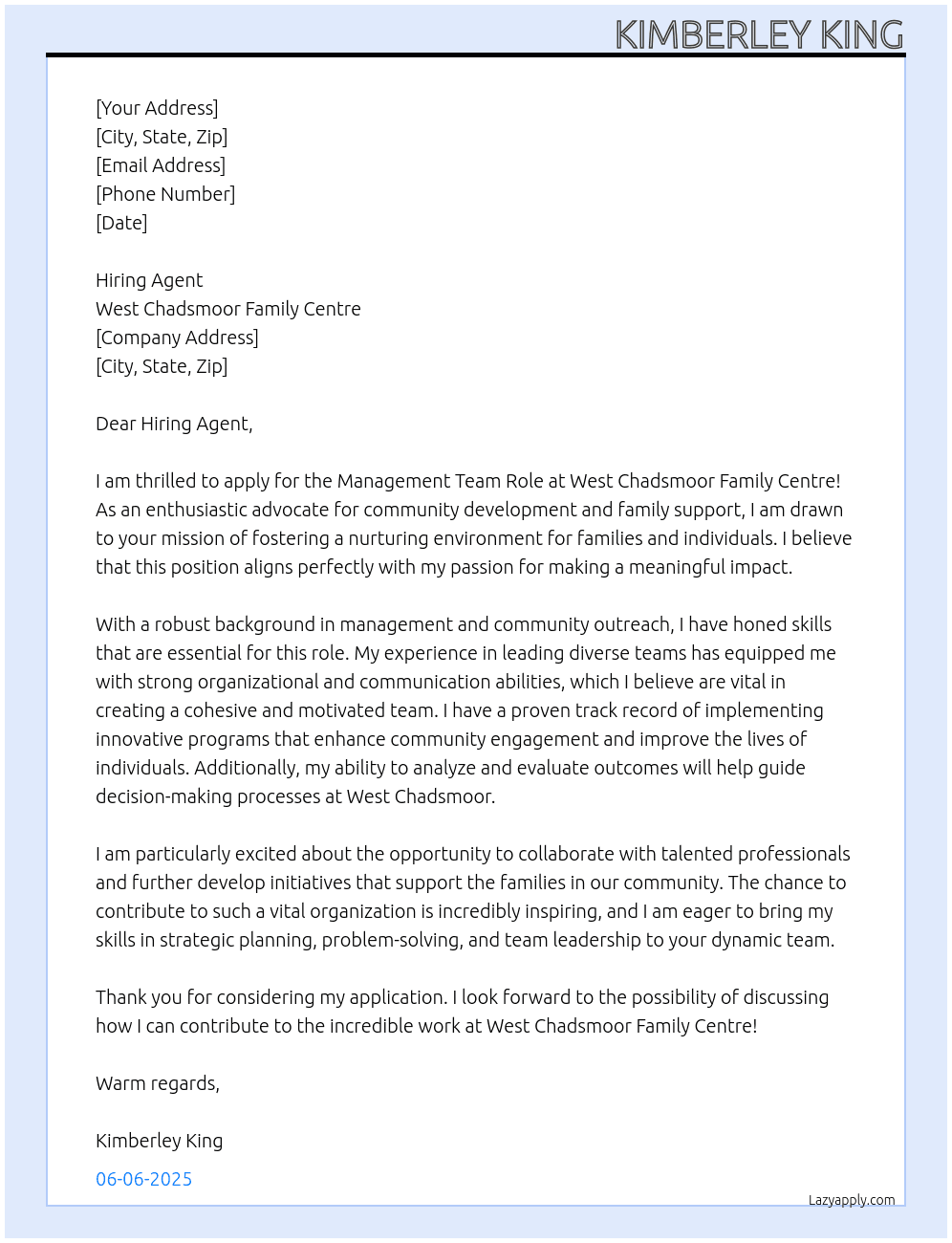 Management Team Role At West Chadsmoor Family Centre Cover Letter