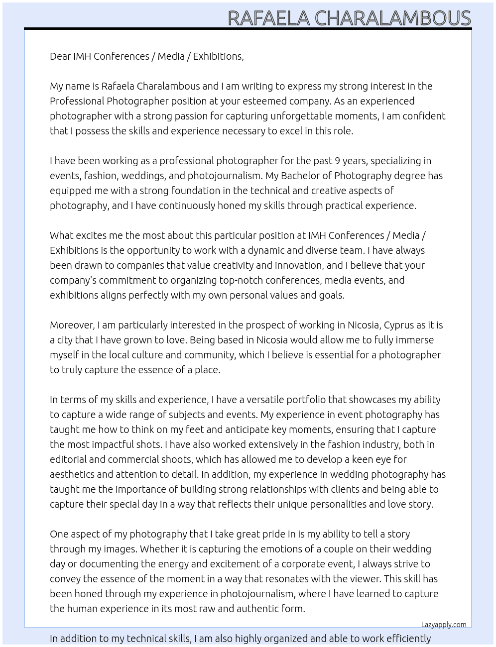 Professional Photographer At IMH Conferences / Media / Exhibitions Cover Letter
