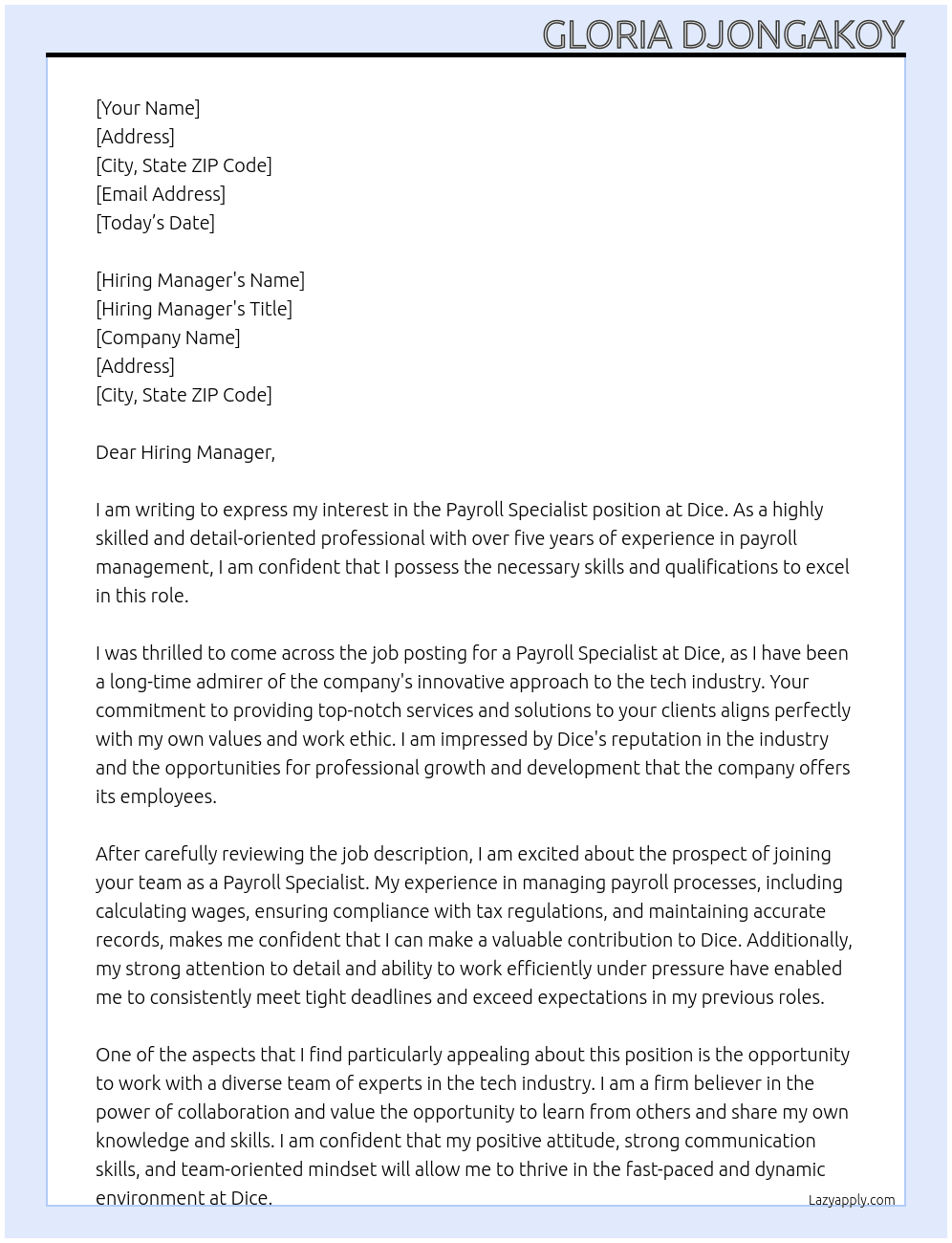 Payroll Specialist  At Dice Cover Letter
