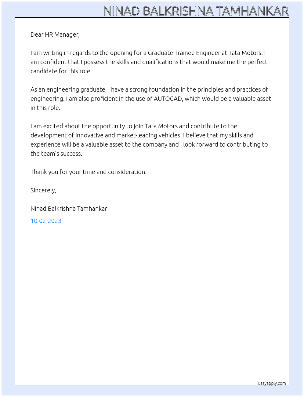 Graduate trainee engineer At tata motors Cover Letter