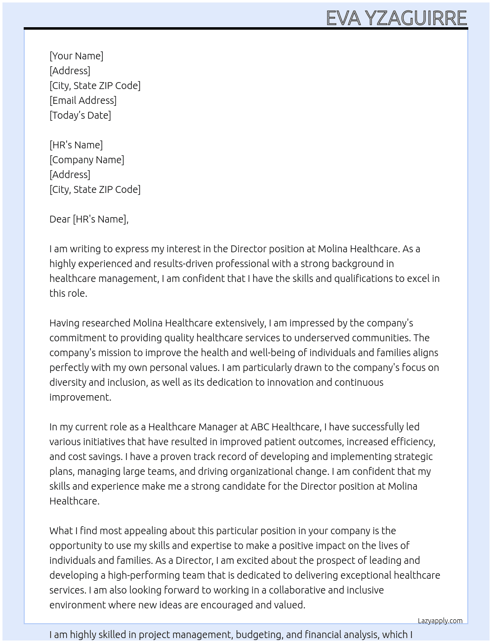 Director  At Molina Healthcare  Cover Letter