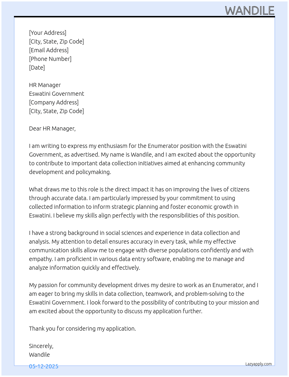 Enumerator At Eswatini Government Cover Letter