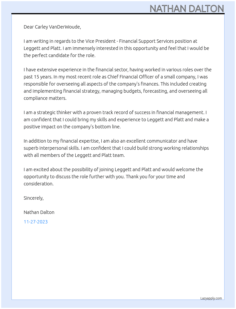 VP - Financial Support Services At Leggett and Platt Cover Letter