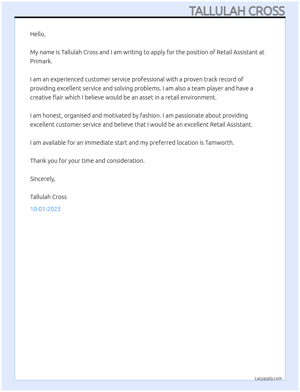 Retail Assistant  At Primark  Cover Letter