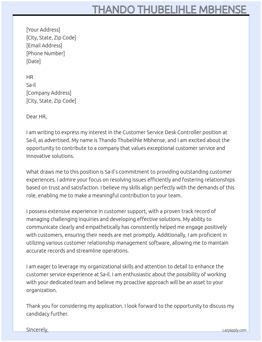 Customer Service Desk Controller  At Sa-il Cover Letter