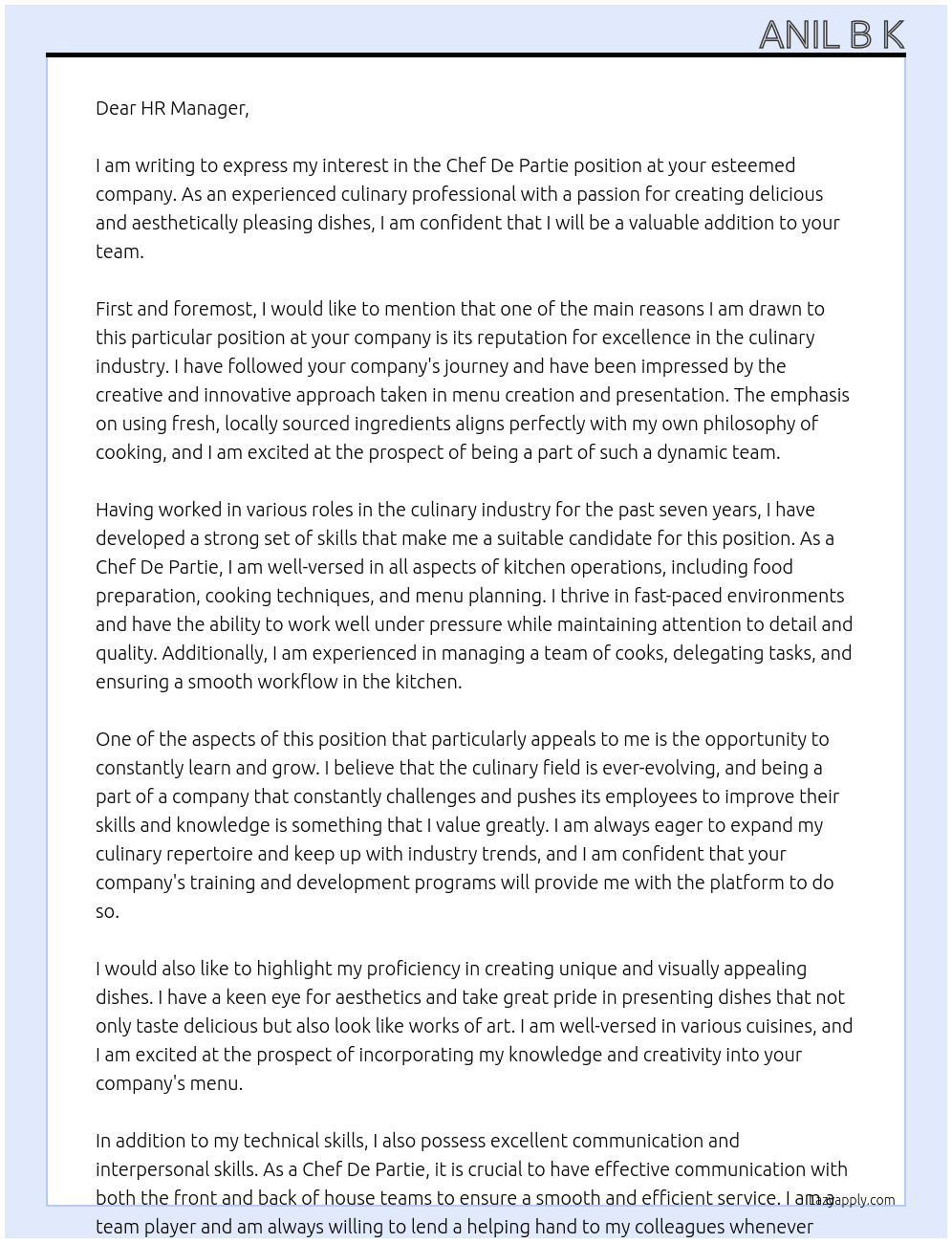 Chef De Partie At Dear HR Manager Cover Letter