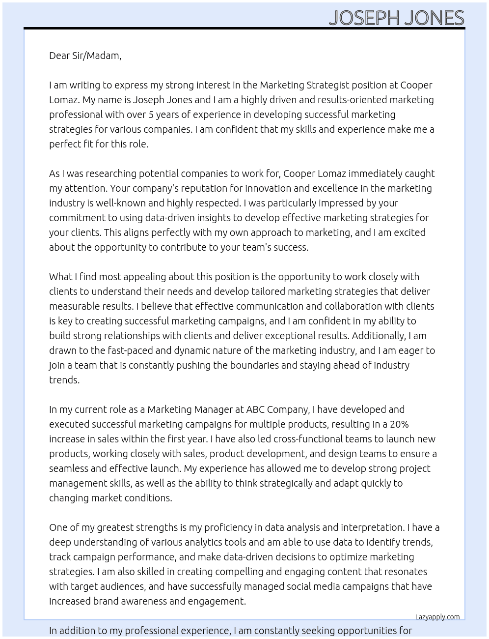 Marketing Strategist At Cooper Lomaz Cover Letter