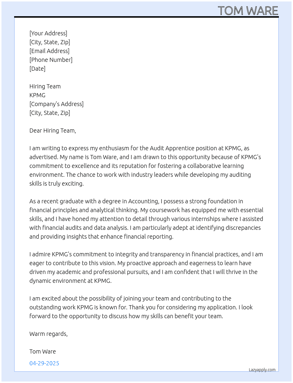 Cover letter for audit apprentice - LazyApply