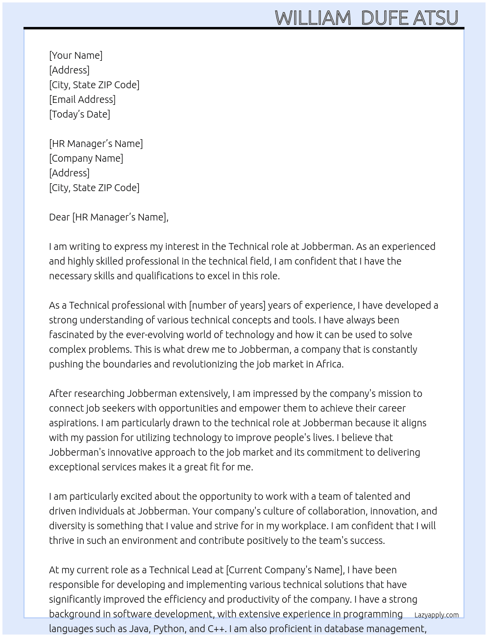 Technical role  At Jobberman  Cover Letter