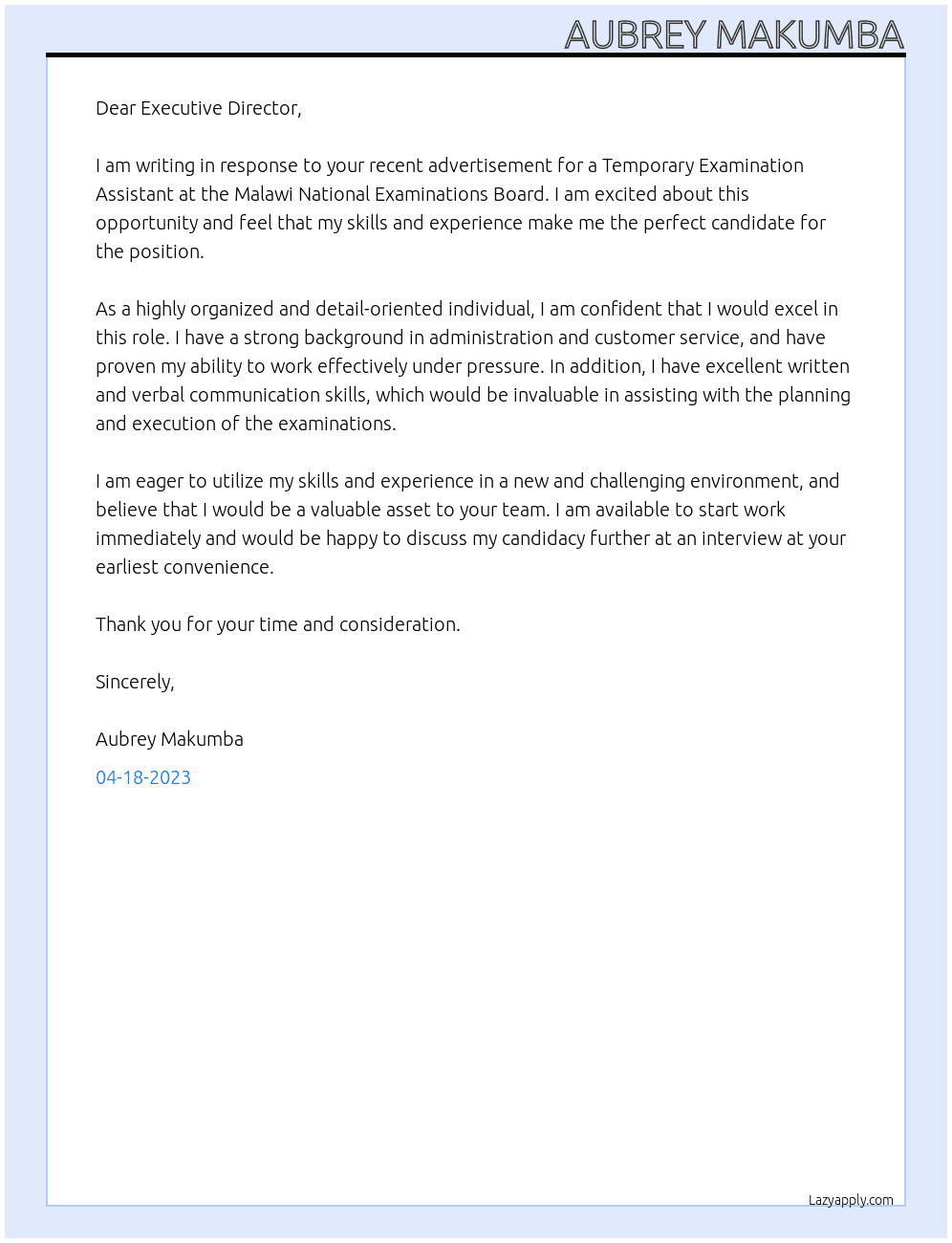 Temporary Examination Assistant At Malawi National Examinations Board Cover Letter