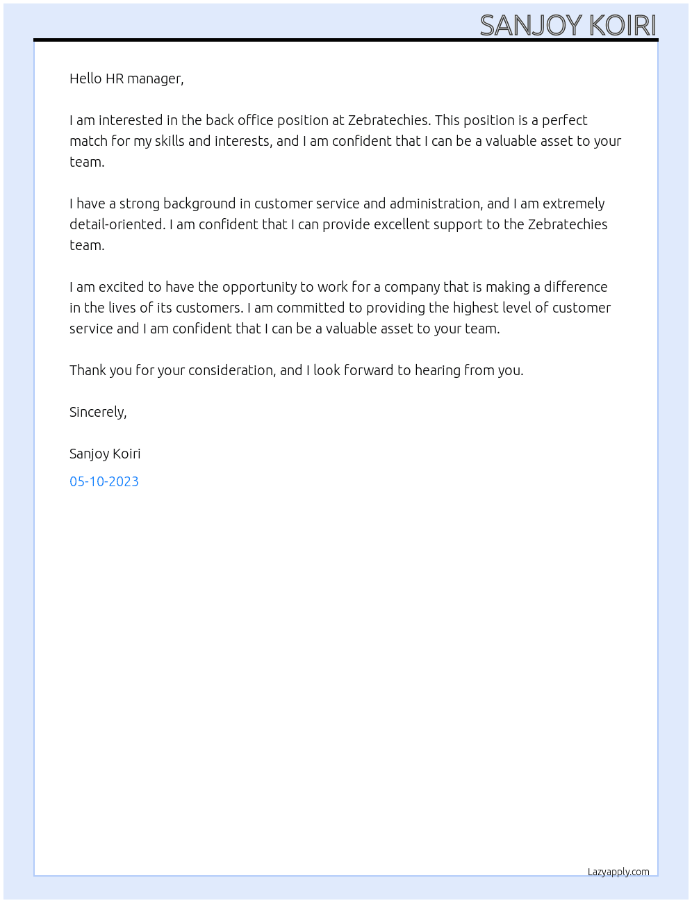Back office  At zebratechies Cover Letter