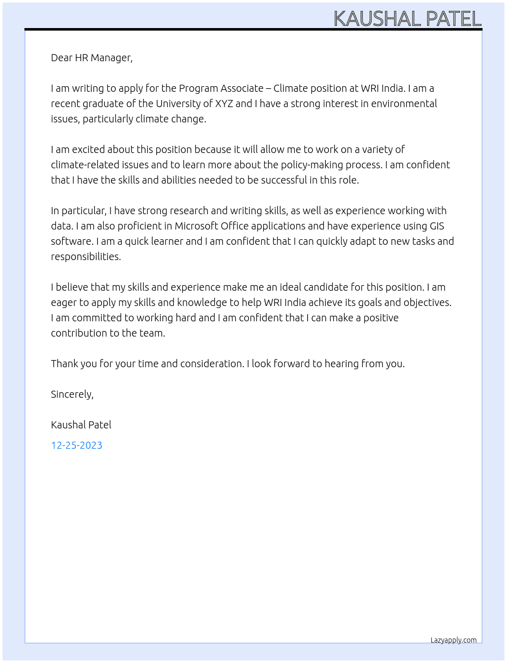 Program Associate – Climate At WRI INDIA Cover Letter