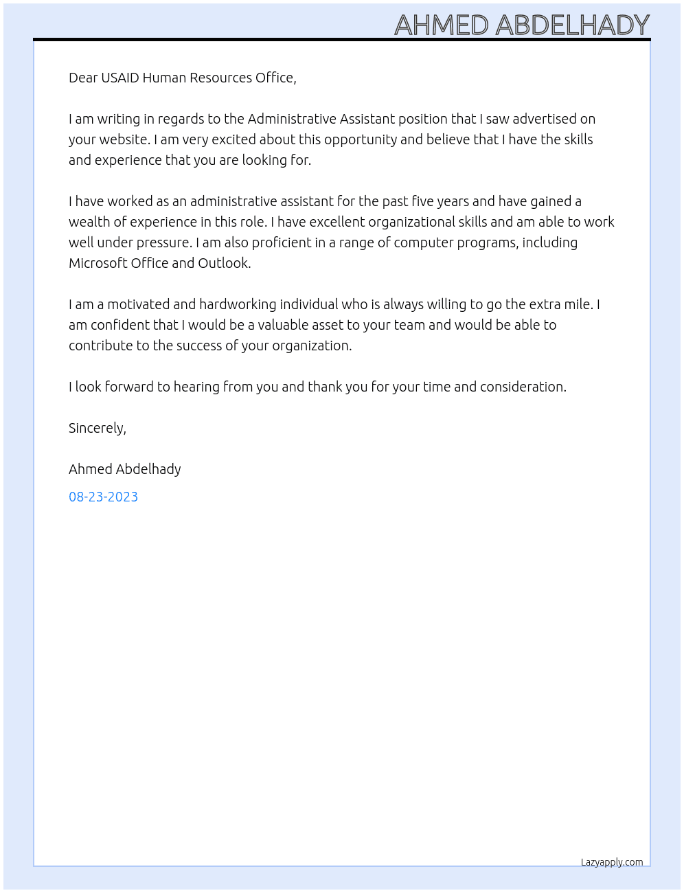 Administrative Assistant At USAID Cover Letter