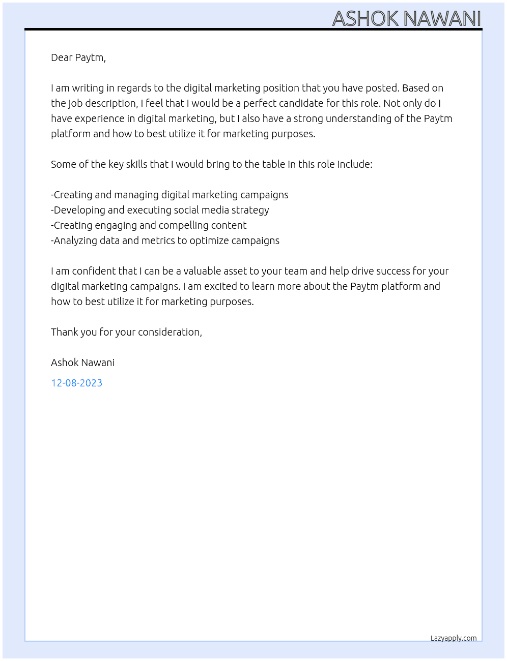 Digital marketing At Paytm Cover Letter