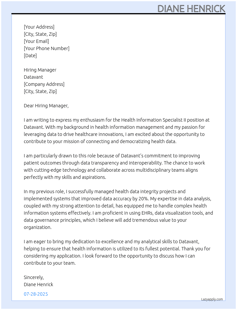 Health Information Specialist II At Datavant Cover Letter