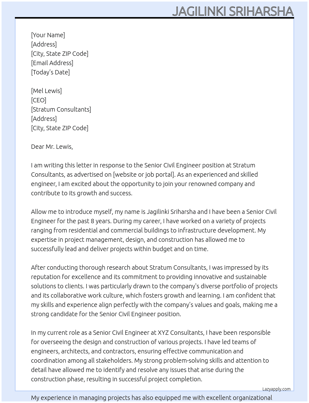 Senior Civil Engineer At Stratum Consultants Cover Letter