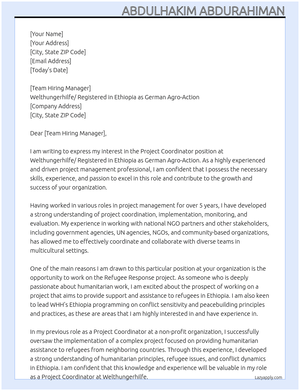 Project Coordinator At Welthungerhilfe/ Registered in Ethiopia as German Agro-Action Cover Letter