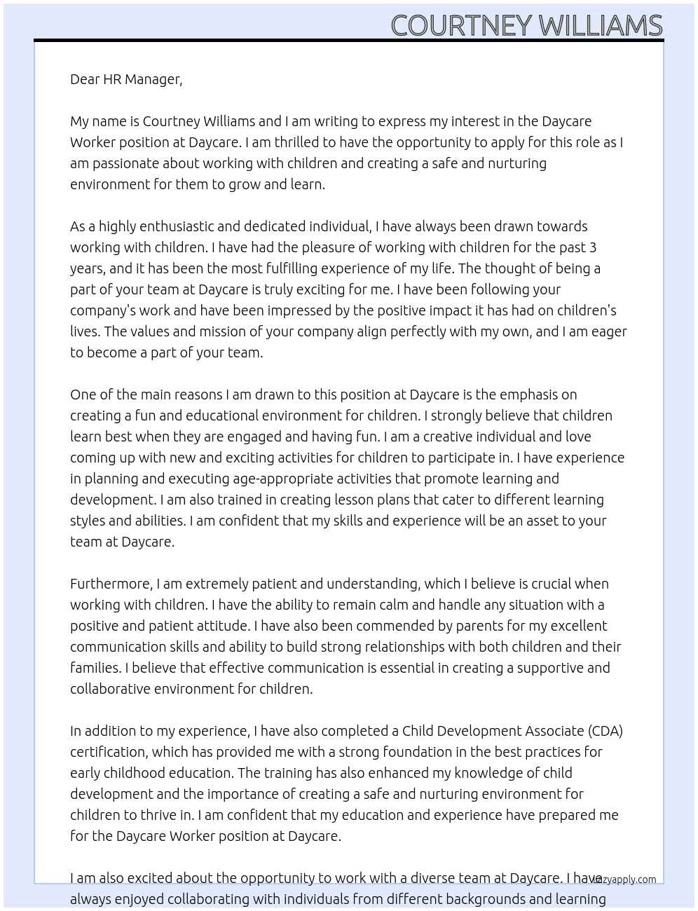 Daycare worker At Daycare Cover Letter