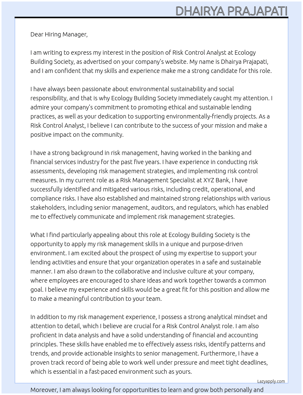 Risk Control Analyst At Ecology Building Society Cover Letter