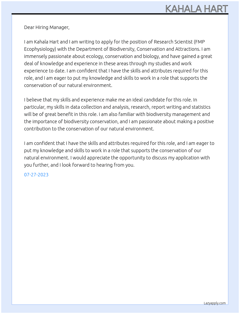 Research Scientist (FMP Ecophysiology) At Department of Biodiversity, Conservation and Attractions Cover Letter
