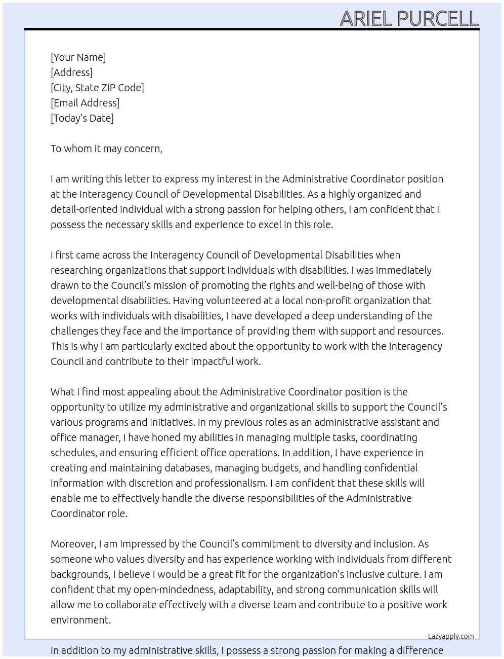 administrative coordinator At Interagency council of developmental disabilities Cover Letter
