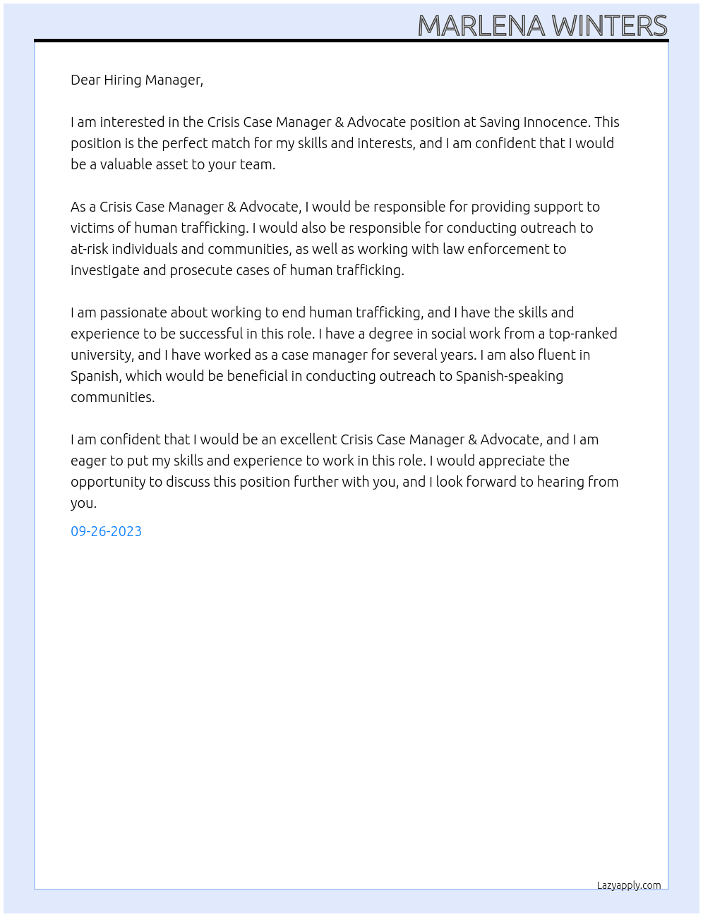 Crisis Case Manager & Advocate At Saving Innocence  Cover Letter