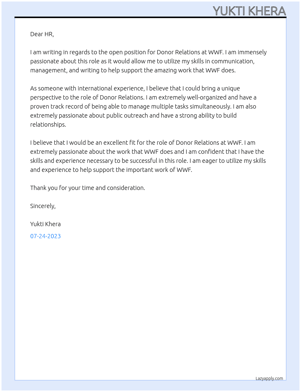 Donor Relations At WWF Cover Letter