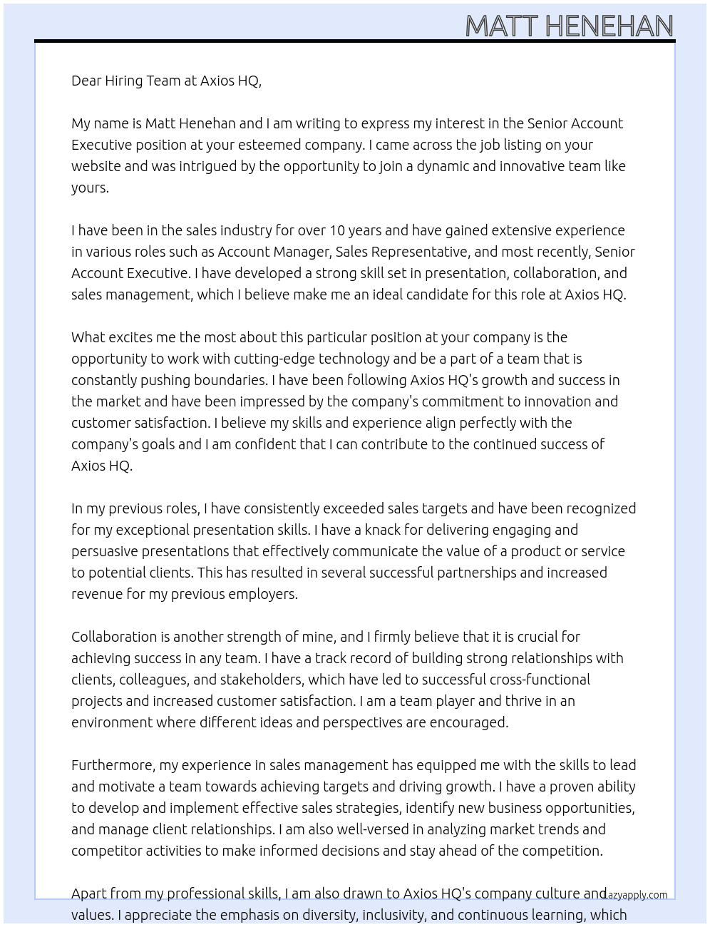 Senior Account Executive At Axios HQ Cover Letter
