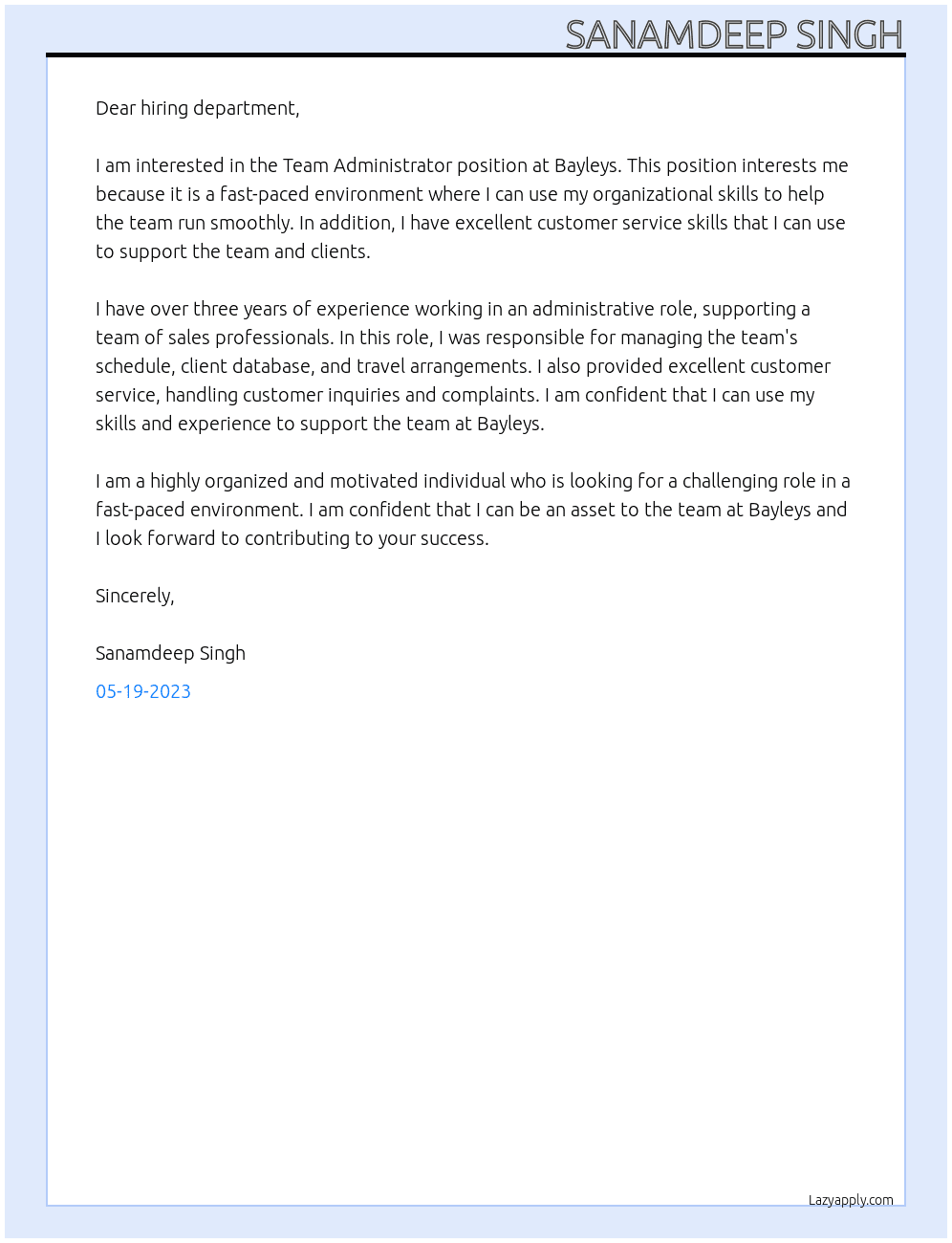 Team Administrator At Bayleys Cover Letter