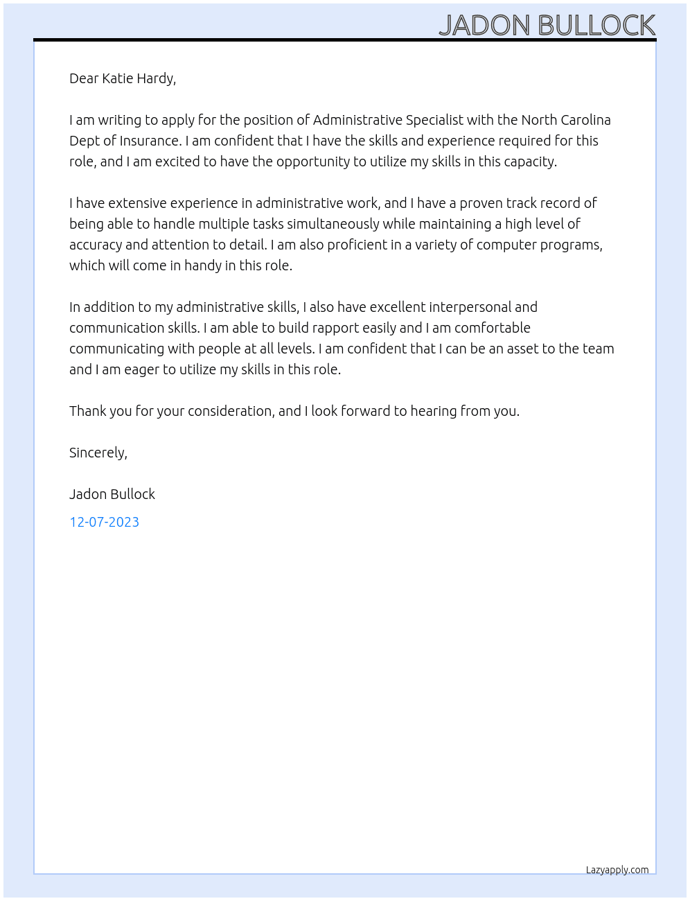 Administrative Specialist At North Carolina Dept of Insurance Cover Letter