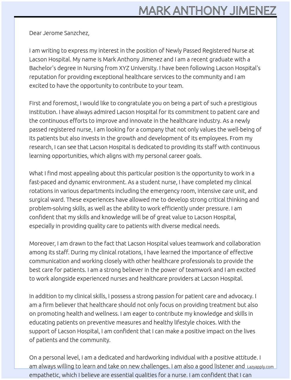NEWLY PASSED REGISTERED NURSE At lacson hospital Cover Letter